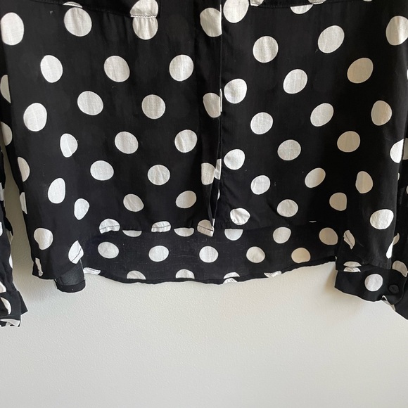 BLACK LONG SLEEVE BLOUSE TOP LARGE WHITE POLKA SOTS POCKETS HIDDEN BUTTONS - Picture 7 of 8